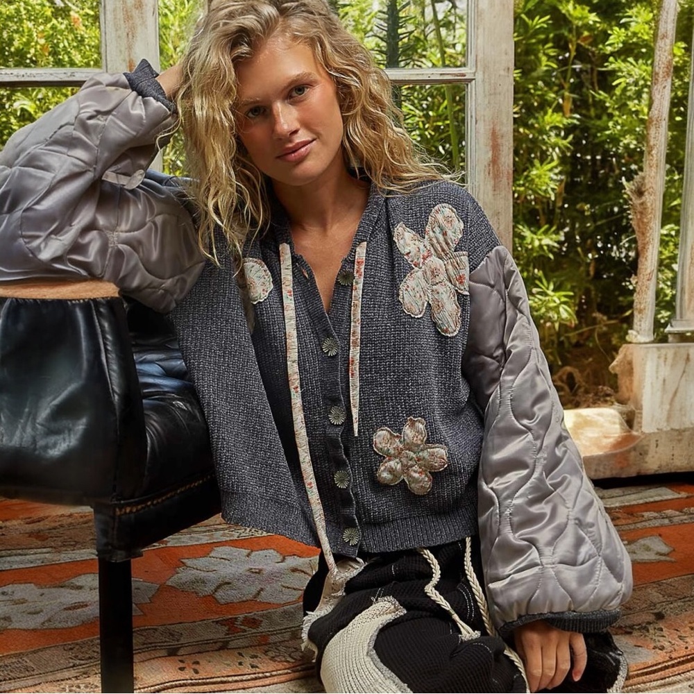 NWT POL Boho Gray Sweater Jacket with Quilted Satin Sleeves